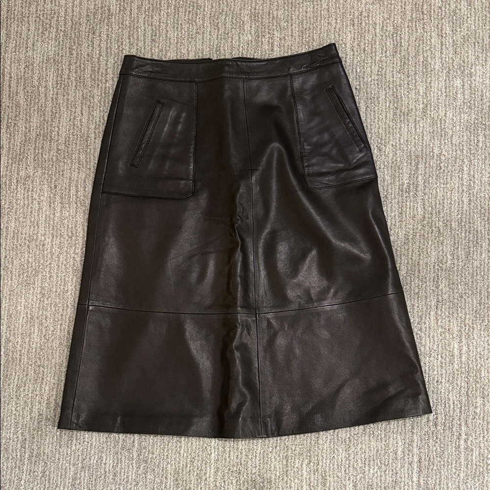 Halogen Dark Brown A-Line Leather Skirt